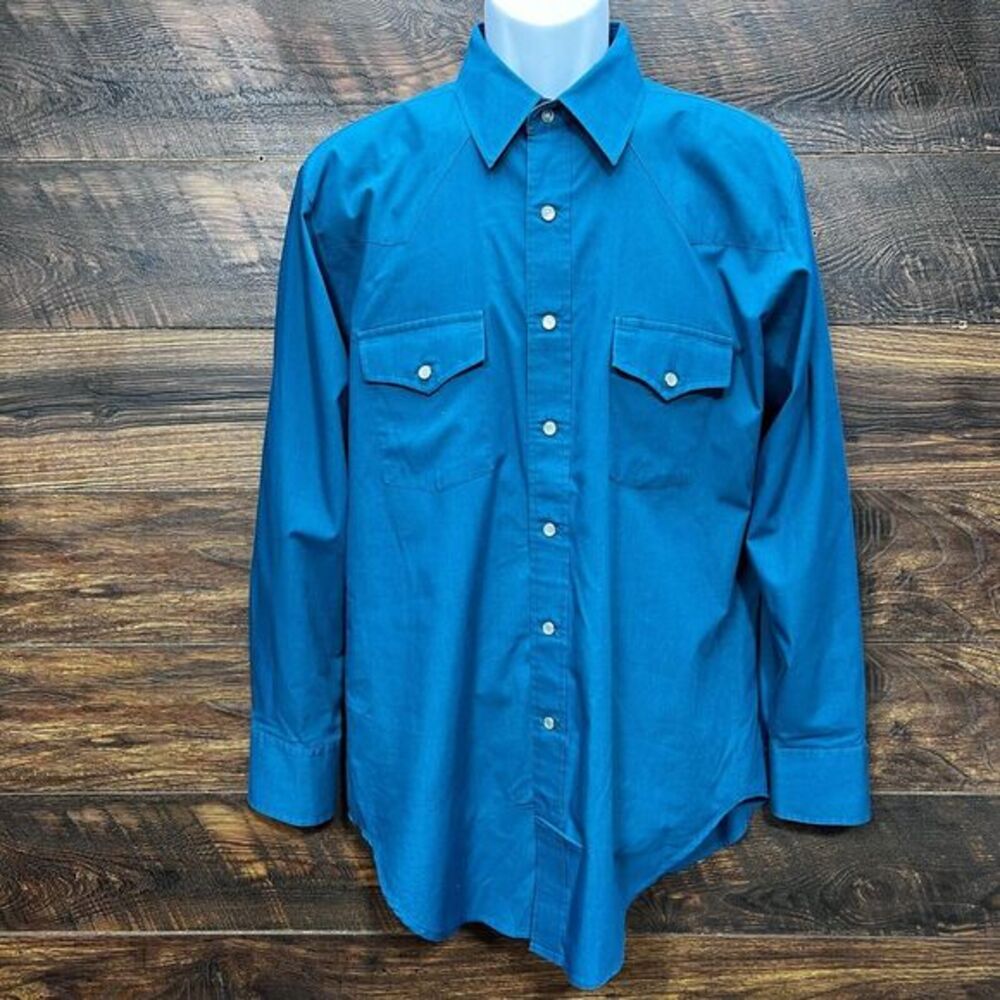 Plainsman Men's Shirt Long Sleeve Pearl Snap Blue Large Cowboy Western‎ Rodeo